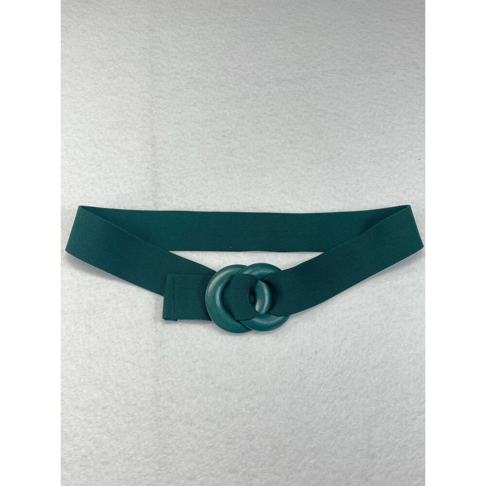 Vintage 80s Green Stretch Cinch Waist Belt Wide Elastic Double Ring Buckle OS - Picture 6 of 7